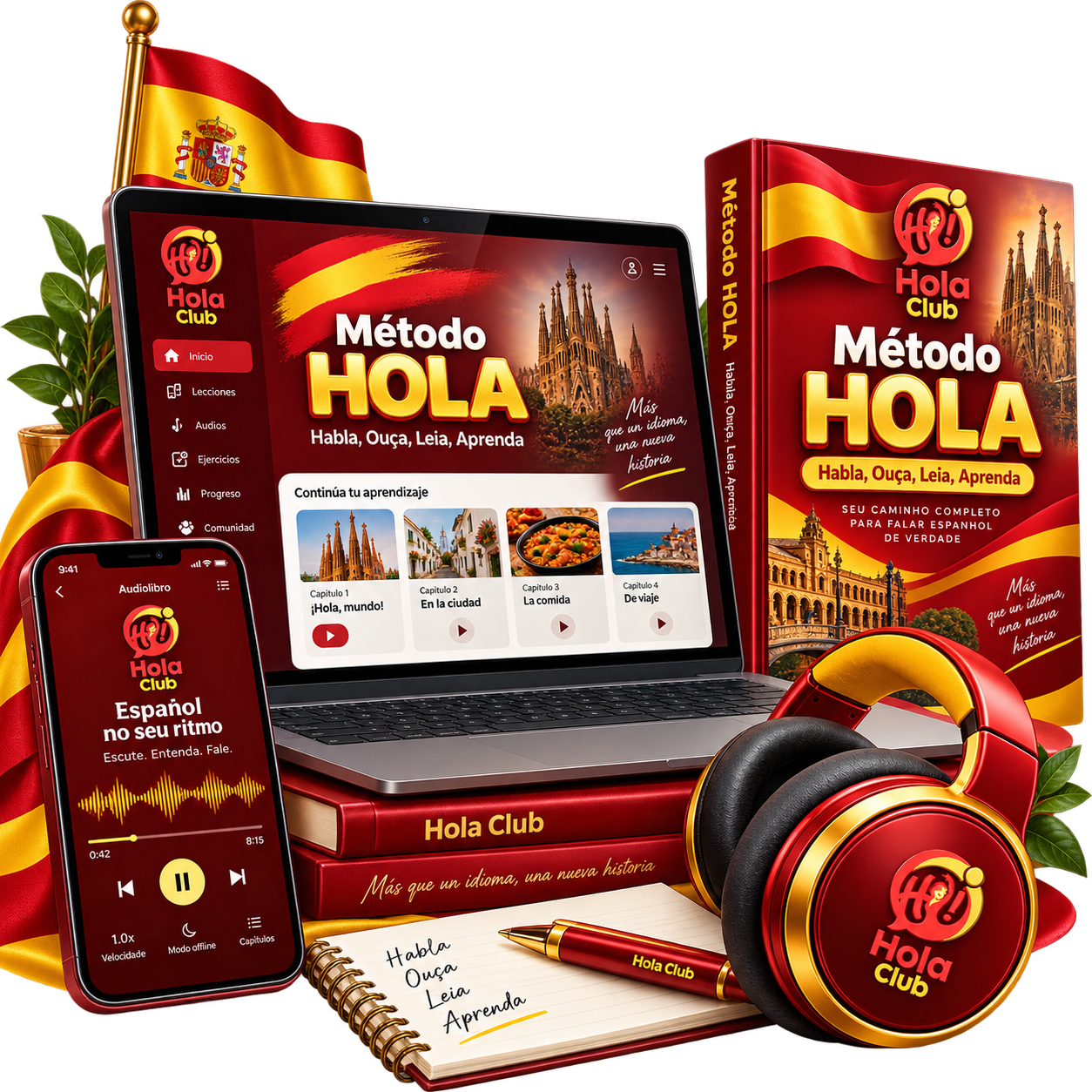 Método HOLA no computador, celular e livro físico